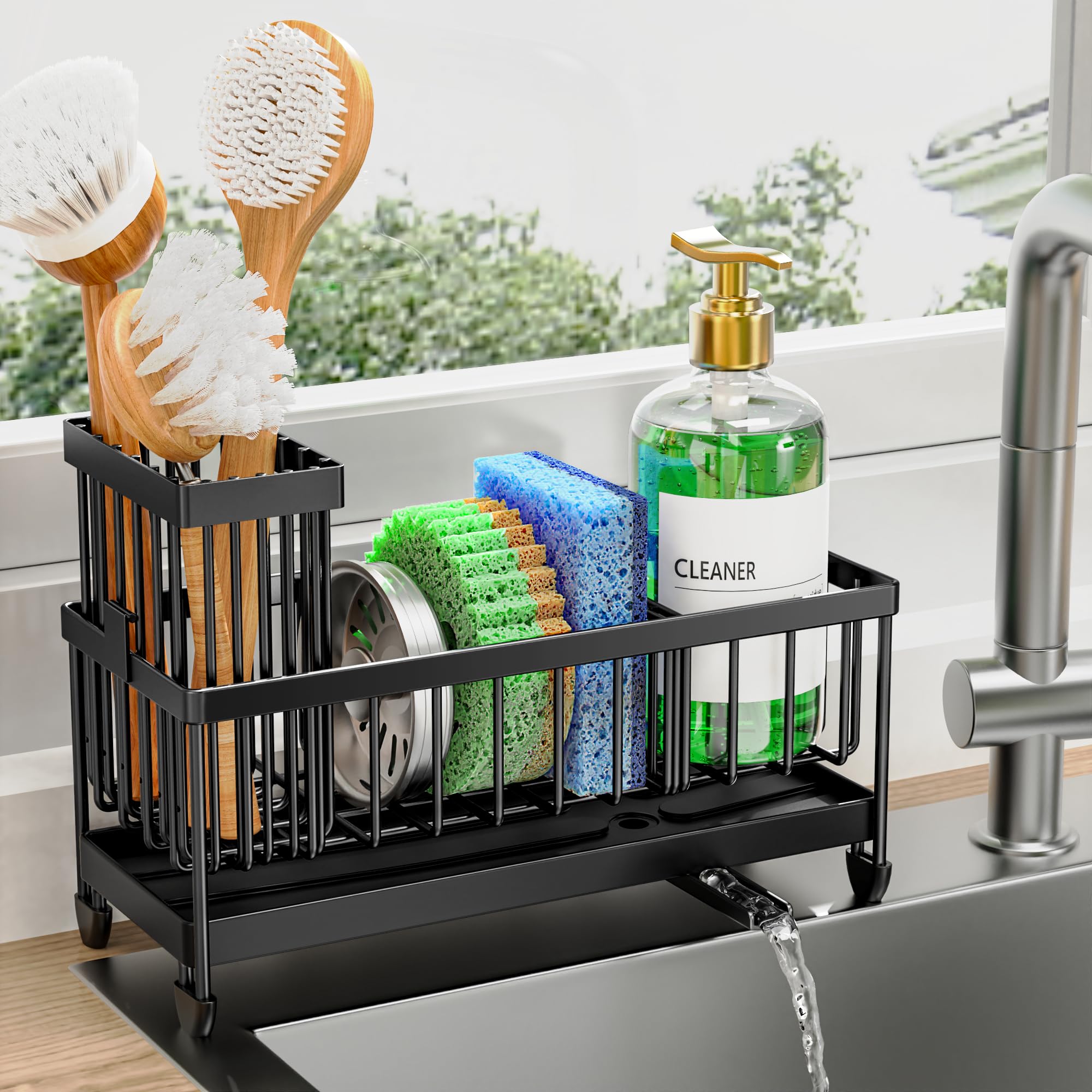 Cisily Sponge Holder for Kitchen Sink, Sink Caddy Organizer with High Brush Holder, Kitchen Countertop Organizers and Storage Essentials