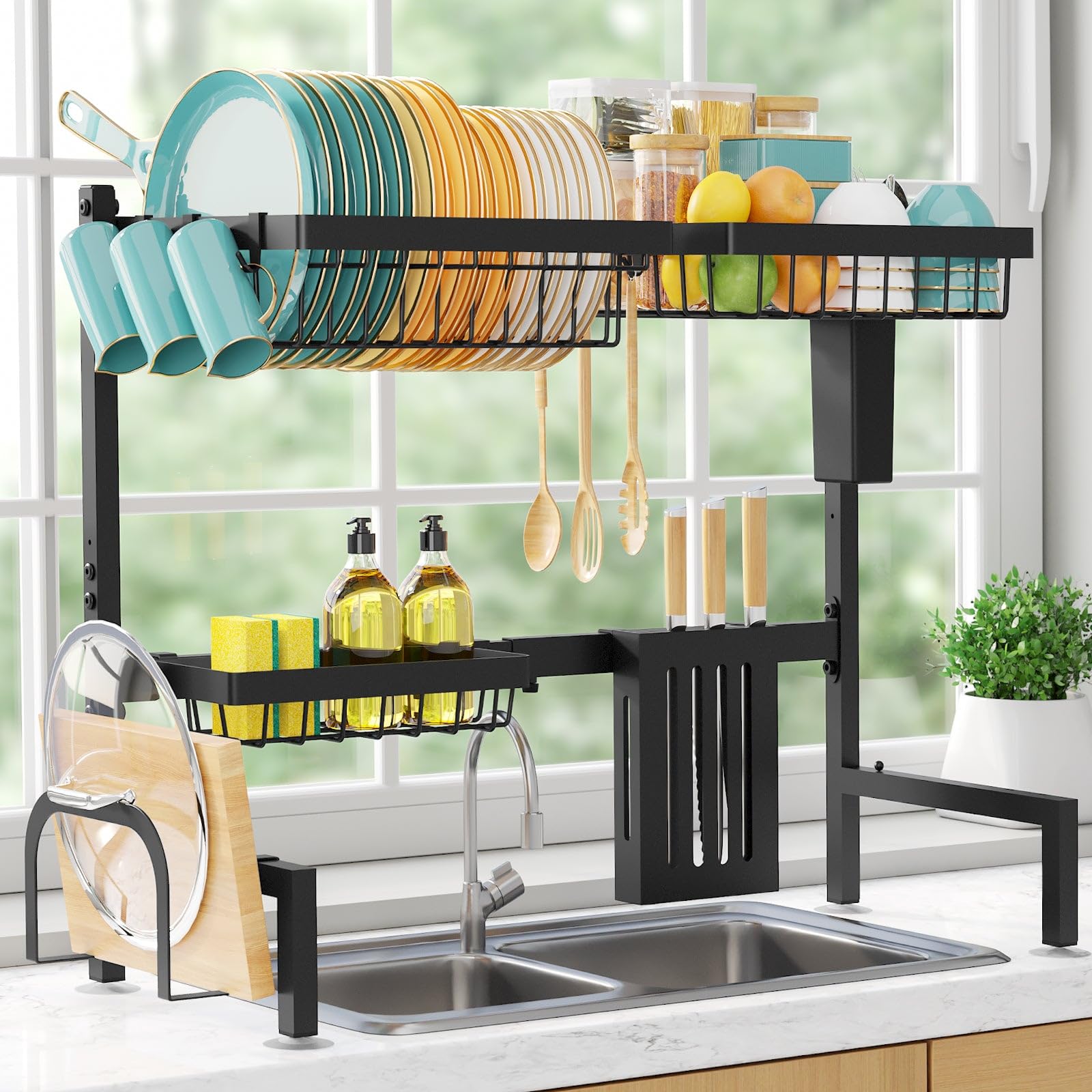 Sakugi Over The Sink Dish Drying Rack - Adjustable Stainless Steel Drainer with Cutlery & Utensil Holders, Kitchen Storage & Organization
