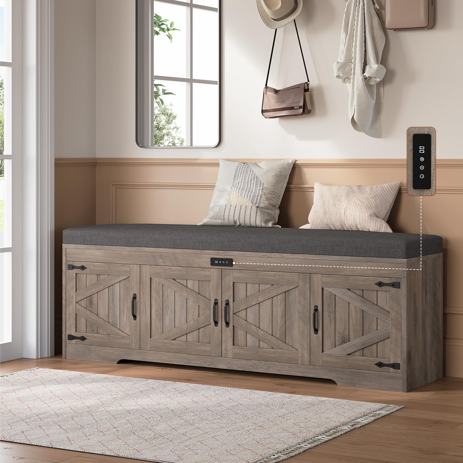 UPOSOJA Farmhouse Storage Bench with Cushion, Metal and Wood Shoe Rack Organizer, Adjustable Shelf, Shoe Cabinet with Half Hidden Storage Space, for Entryway, Bedroom, Living Room