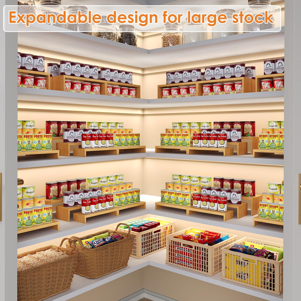2 Sets Bamboo Can Organizer for Pantry, 3-Tier 6-Piece Adjustable Cabinet Can Display Rack, Soda Can Organizer Holds Up to 31 Cans, Canned Goods Storage Holder for Pantry, Cabinet, Countertop