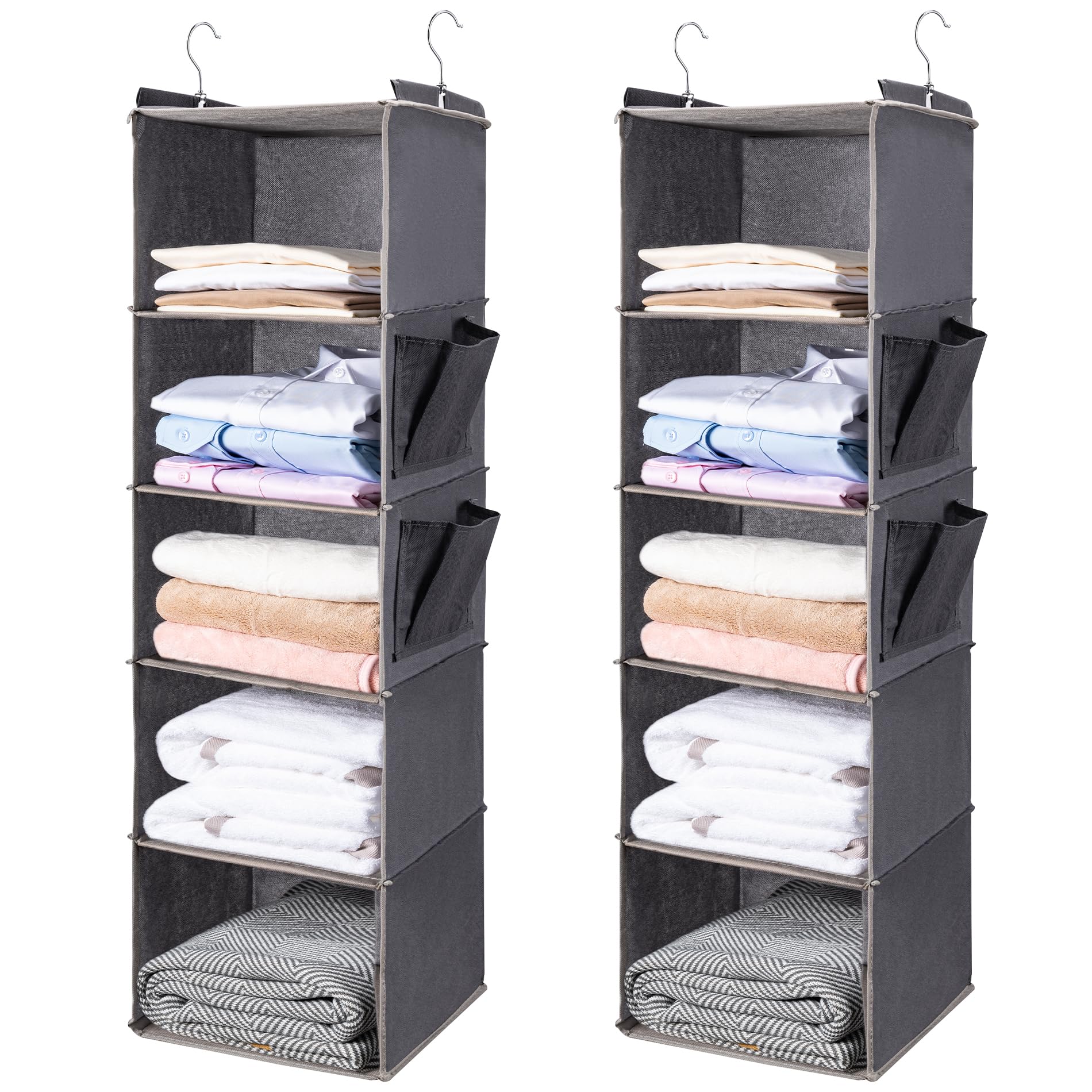 BOOMIBOO Hanging Closet Organize and Shelves，5-Hanging Shelf with 2 Side Pockets，Storage Foldable