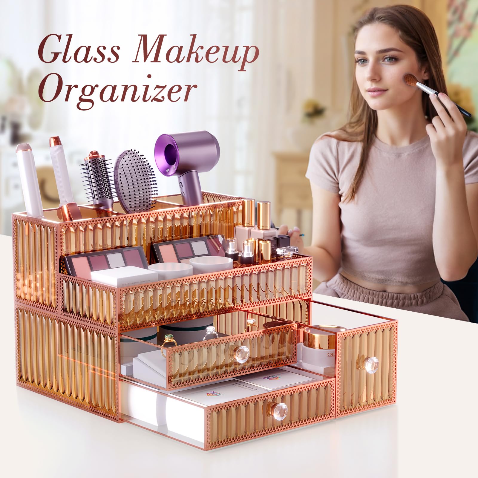 Youdepot Makeup Organizer - Tempered Glass Vanity Organizer for Cosmetics, Skincare, Hair Tools, Brushes, Perfume - Multipurpose Bathroom Counter Skincare Organizer