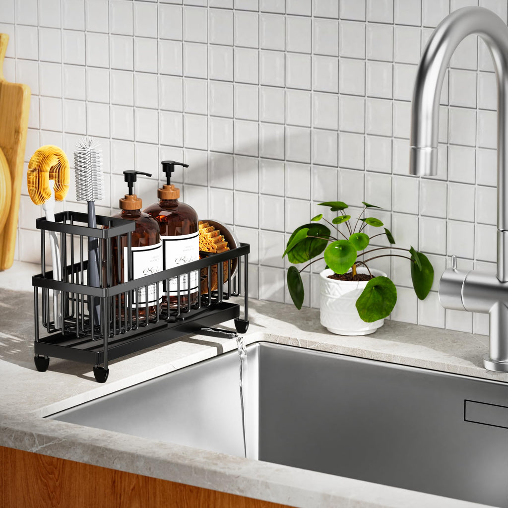 Cisily Sponge Holder for Kitchen Sink, Sink Caddy Organizer with High Brush Holder, Kitchen Countertop Organizers and Storage Essentials