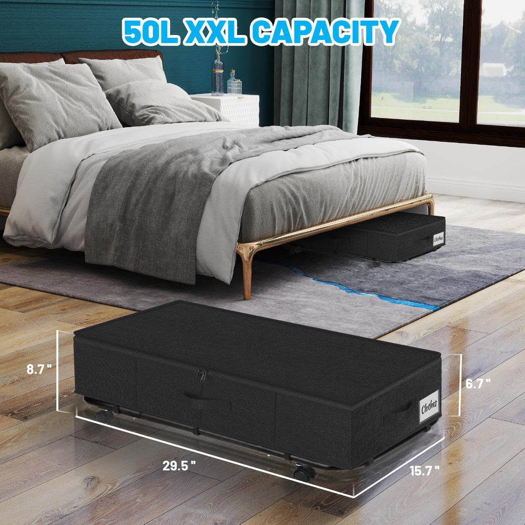Under Bed Storage with Wheels, 2-Pack 10" Height XXL 60L Rolling Storage Bins, Quick Assembly Underbed Shoe Storage Containers with Clear Lid & Label, Dorm Under bed Drawers for Clothes, Shoes