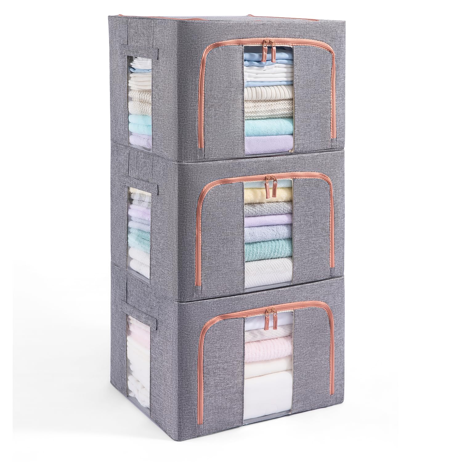 GuliPostan 3 Pack 100L Stackable Clothes Storage Bins with Metal Frame Handles & Zipper, Collapsible Closet Organizer Box with Lid for Bedding Blankets Towel (Beige)