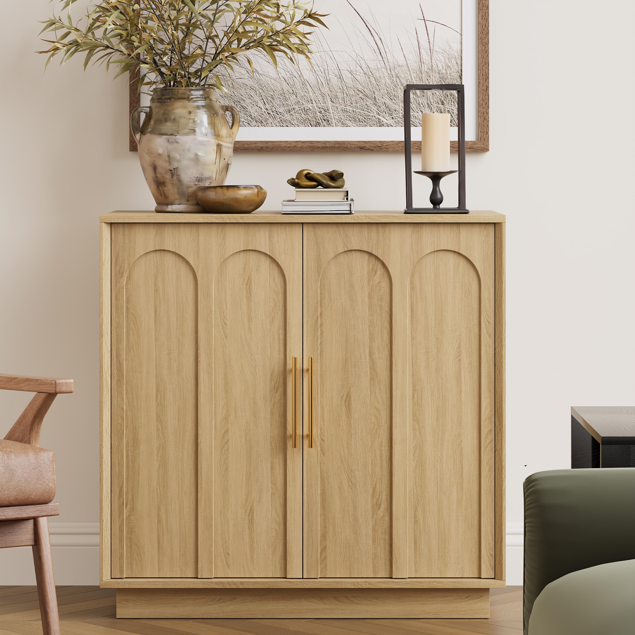 FORTUNETEC Sideboard Buffet Cabinet with Storage, Modern Accent Cabinet with Arched Doors & Shelf, 31.5" Modular Media Console, Minimalist Credenza for Living Room Kitchen Dining Room Entryway