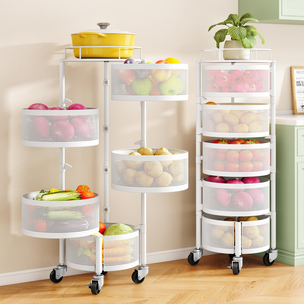 SNTD Fruit and Vegetable Basket Bowls for Kitchen with Metal Top Lid, 5 Tier Rotating Storage Rack Cart for Potato Onion Bread Banana, Wire Basket Organizer on Wheels, Large