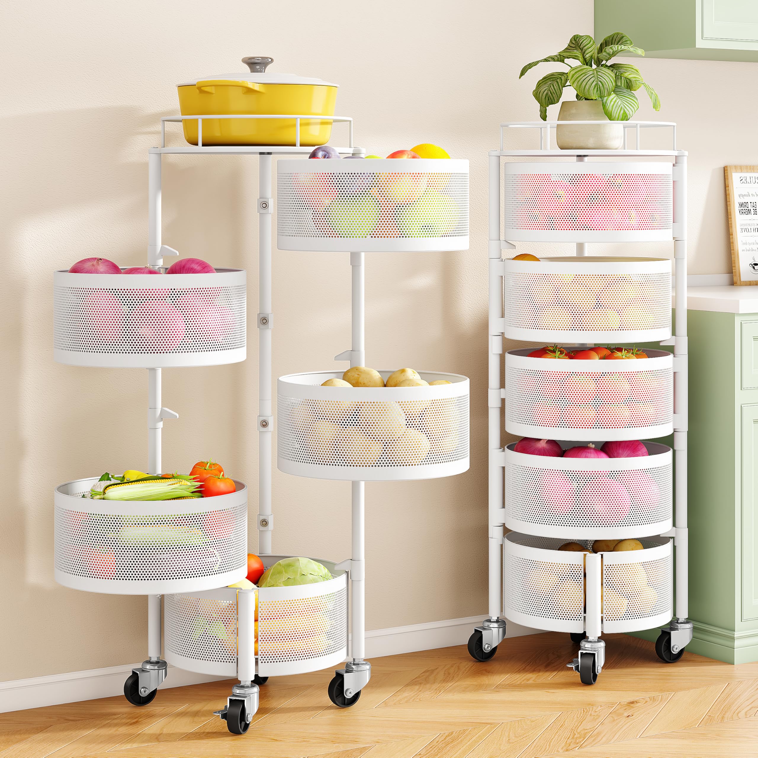 SNTD Fruit and Vegetable Basket Bowls for Kitchen with Metal Top Lid, 5 Tier Rotating Storage Rack Cart for Potato Onion Bread Banana, Wire Basket Organizer on Wheels, Large