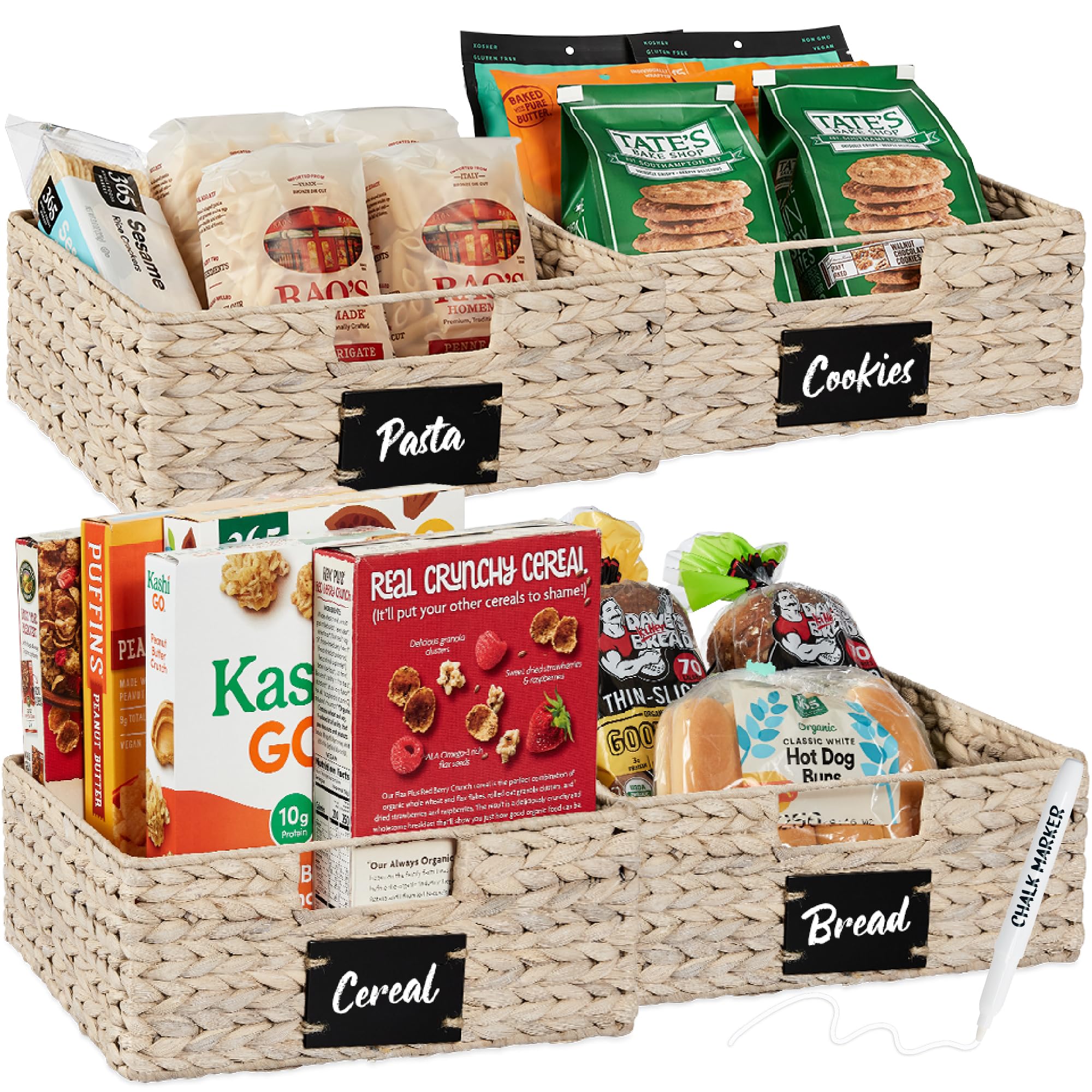 Best Choice Products Set of Woven Water Hyacinth Pantry Baskets w/Chalkboard Label, Chalk Marker
