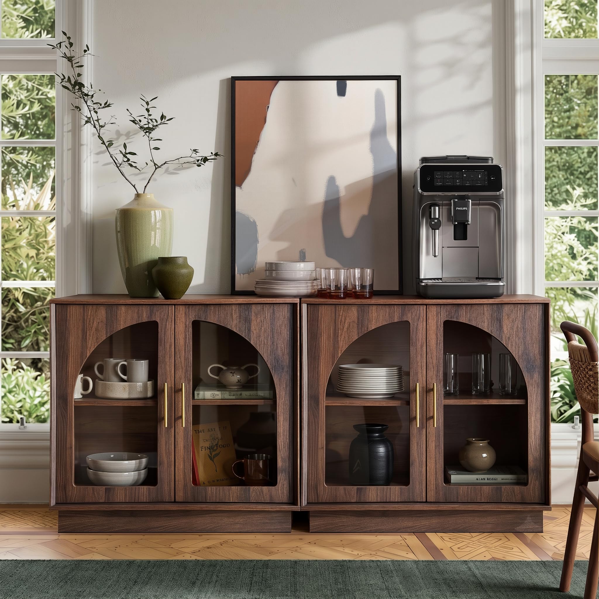 FORTUNETEC Sideboard Buffet Cabinet with Storage, Modern Accent Cabinet with Arched Doors & Shelf, 31.5" Modular Media Console, Minimalist Credenza for Living Room Kitchen Dining Room Entryway