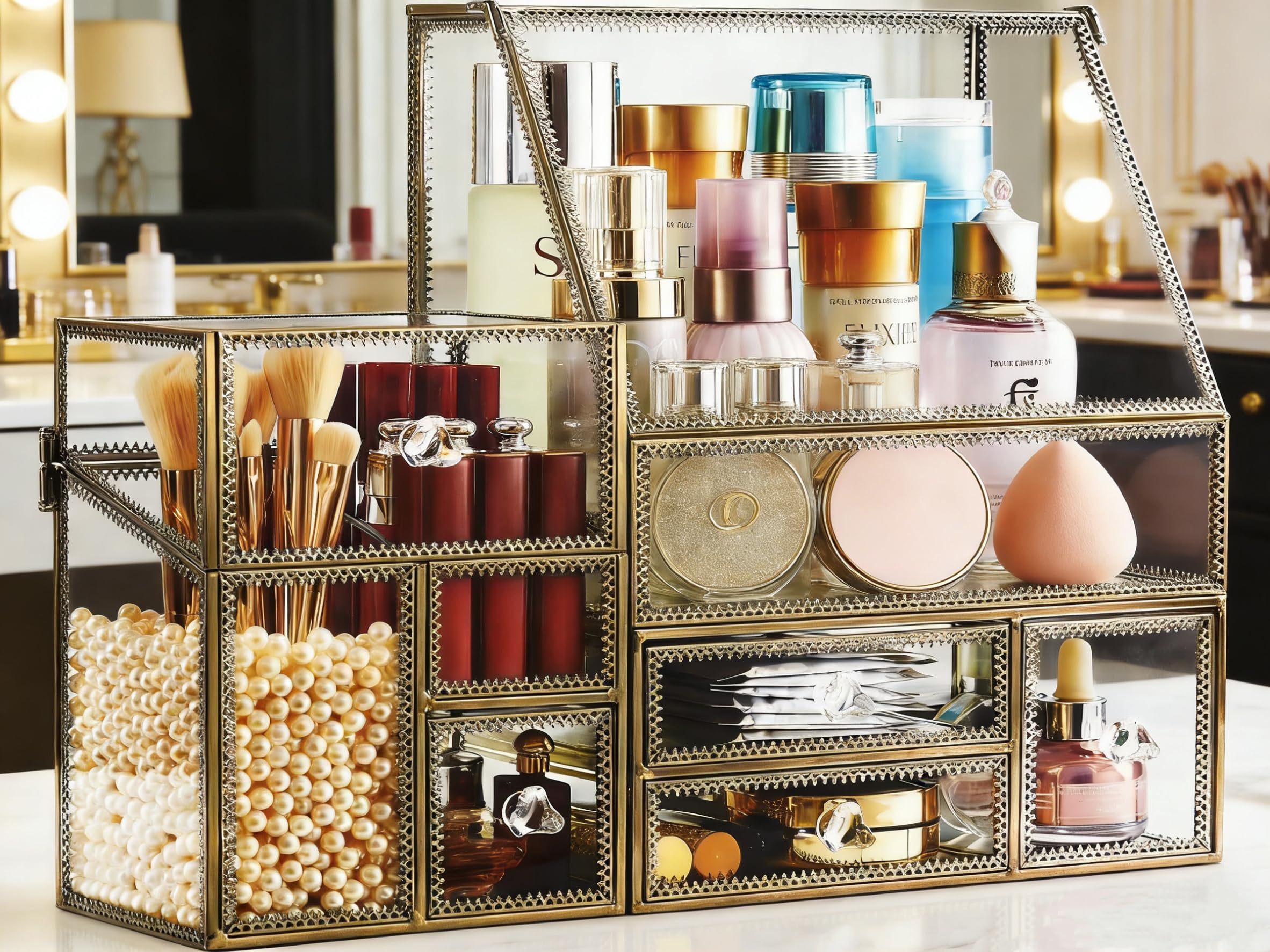 Glass Bathroom Organizer Stackable Drawer Set Makeup Organizer for Vanity Antique Countertop Cosmetic Storage Box Mirror Glass Beauty Display, Holder for Brushes Lipsticks Skincare Toner/free Pearl