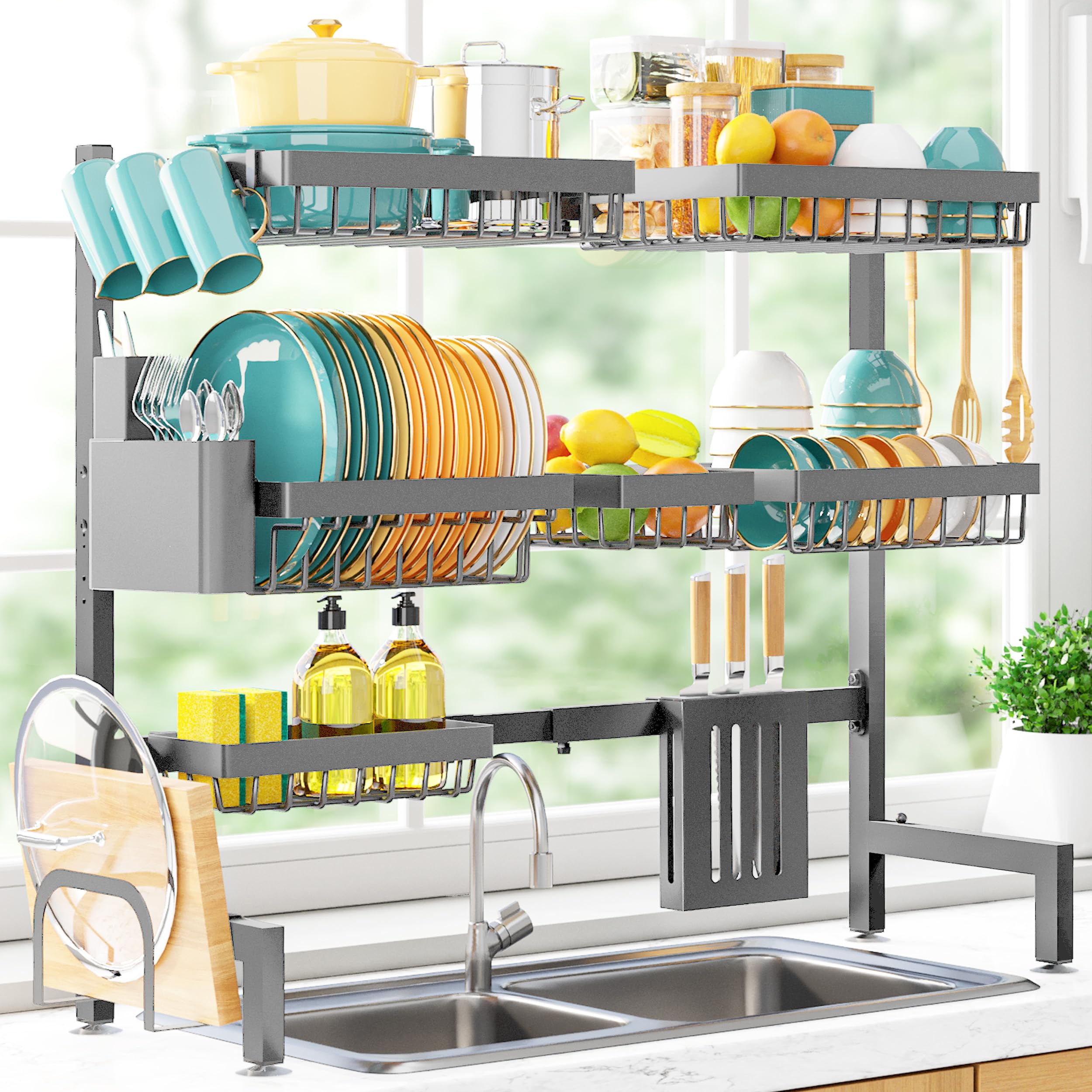 Sakugi Over The Sink Dish Drying Rack - Adjustable Stainless Steel Drainer with Cutlery & Utensil Holders, Kitchen Storage & Organization